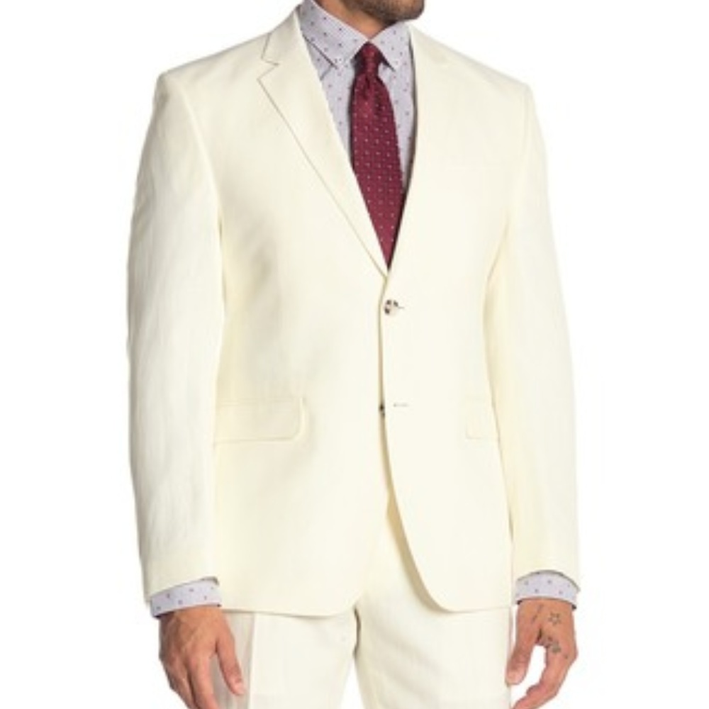 Solid White 2 Button Notch Lapel Linen Blend Suit